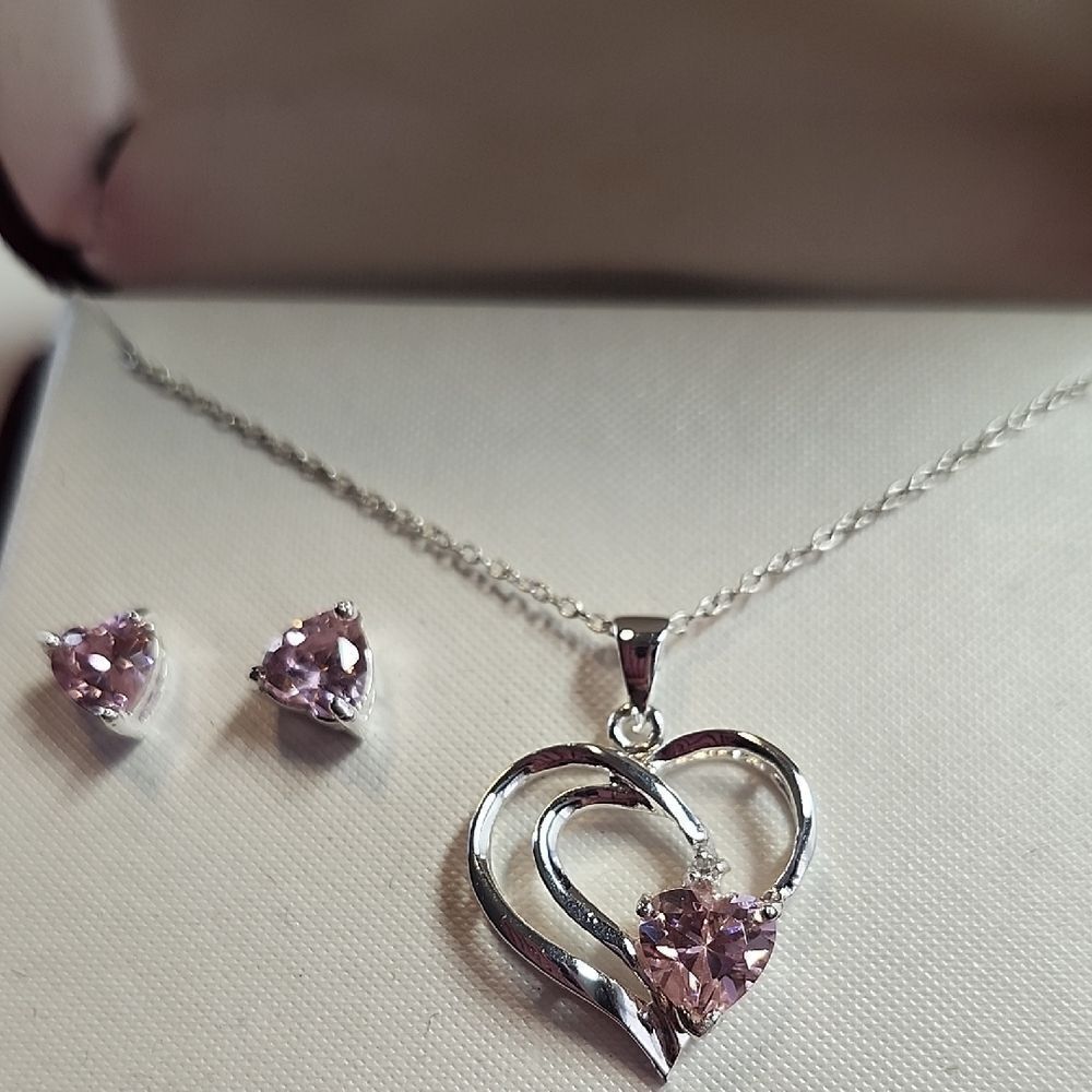 Sterling Silver Heart Necklace and Earring Set with Pink Stones